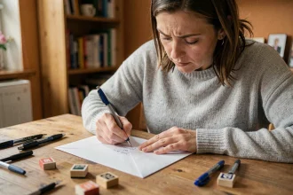 Femme écrivant soigneusement une adresse sur une enveloppe blanche pour un envoi en courrier suivi La Poste