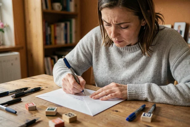 Femme écrivant soigneusement une adresse sur une enveloppe blanche pour un envoi en courrier suivi La Poste