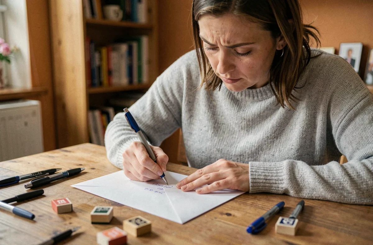 Femme écrivant soigneusement une adresse sur une enveloppe blanche pour un envoi en courrier suivi La Poste