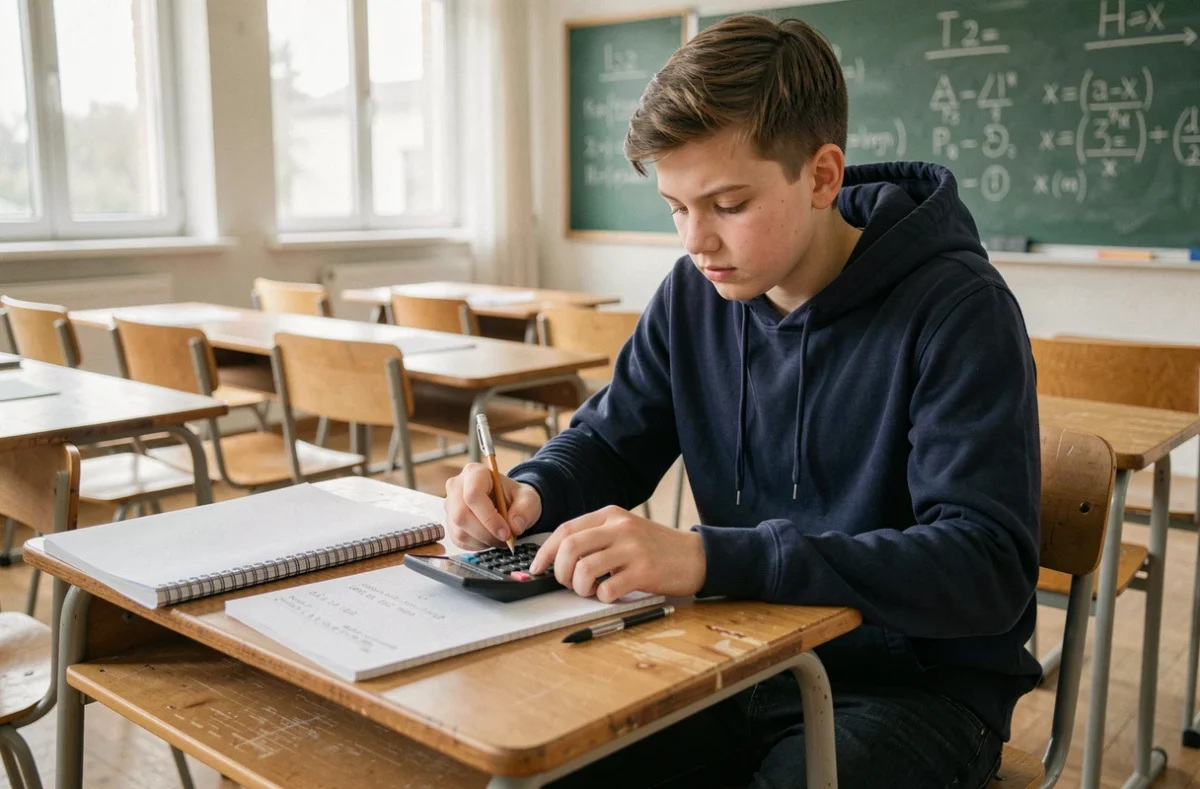 Élève lycéen utilisant une calculatrice pour convertir des kilogrammes en tonnes sur une feuille de cahier quadrillé en classe