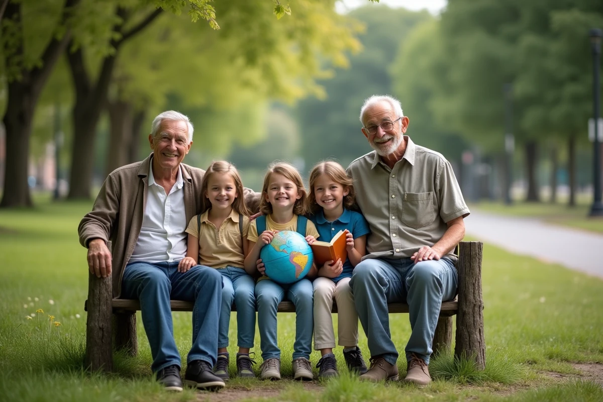 Enfants et grands dans un parc avec globe et livre