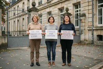 Enseignants en grève devant une école primaire française tenant des pancartes de grève