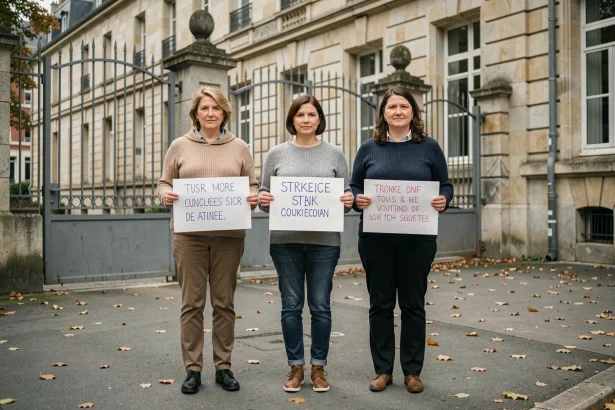 Enseignants en grève devant une école primaire française tenant des pancartes de grève