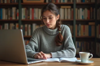 Jeune femme s'entraînant à l'orthographe française sur un ordinateur portable dans un bureau chaleureux à la maison