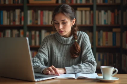 Jeune femme s'entraînant à l'orthographe française sur un ordinateur portable dans un bureau chaleureux à la maison