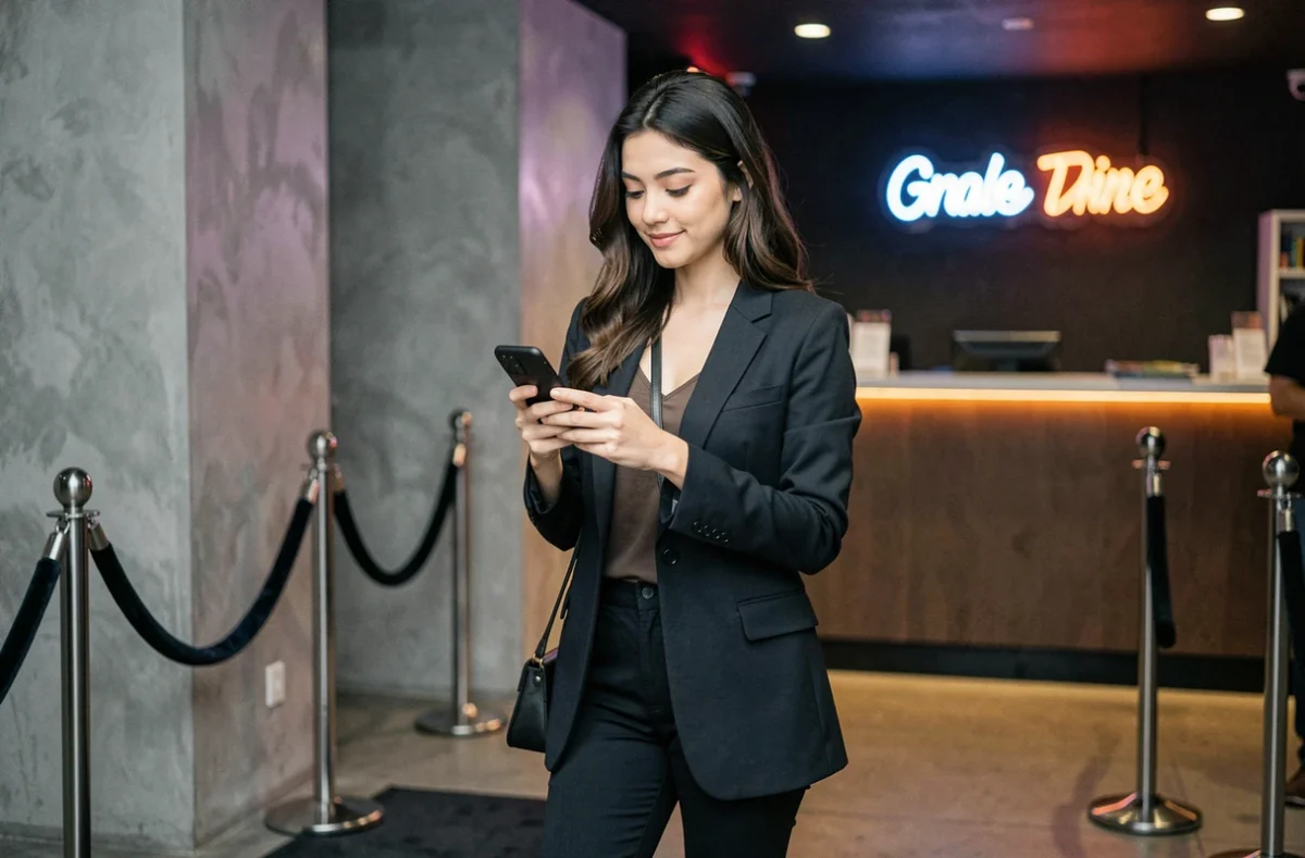 Jeune femme à l'entrée d'un club de nuit vérifiant son téléphone avant de passer la soirée au Kripton Club
