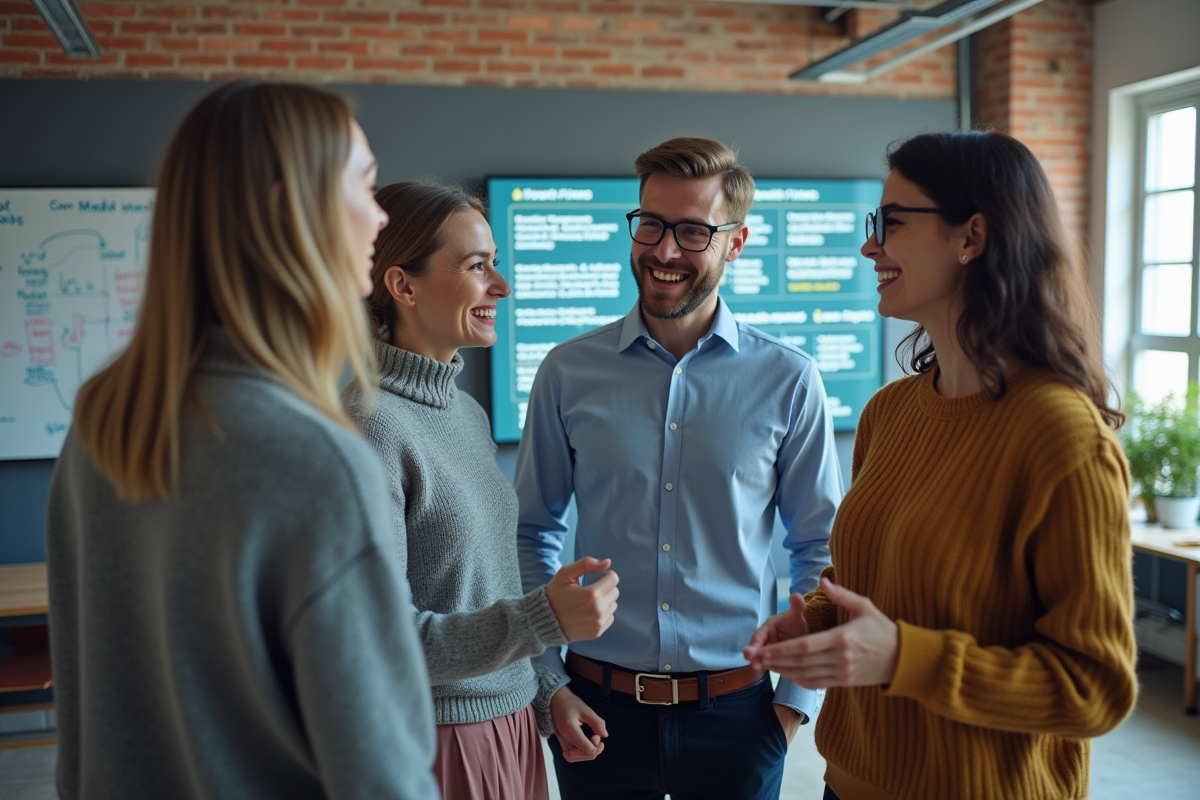 Groupe de trois personnes discutant autour d’un écran multilingue