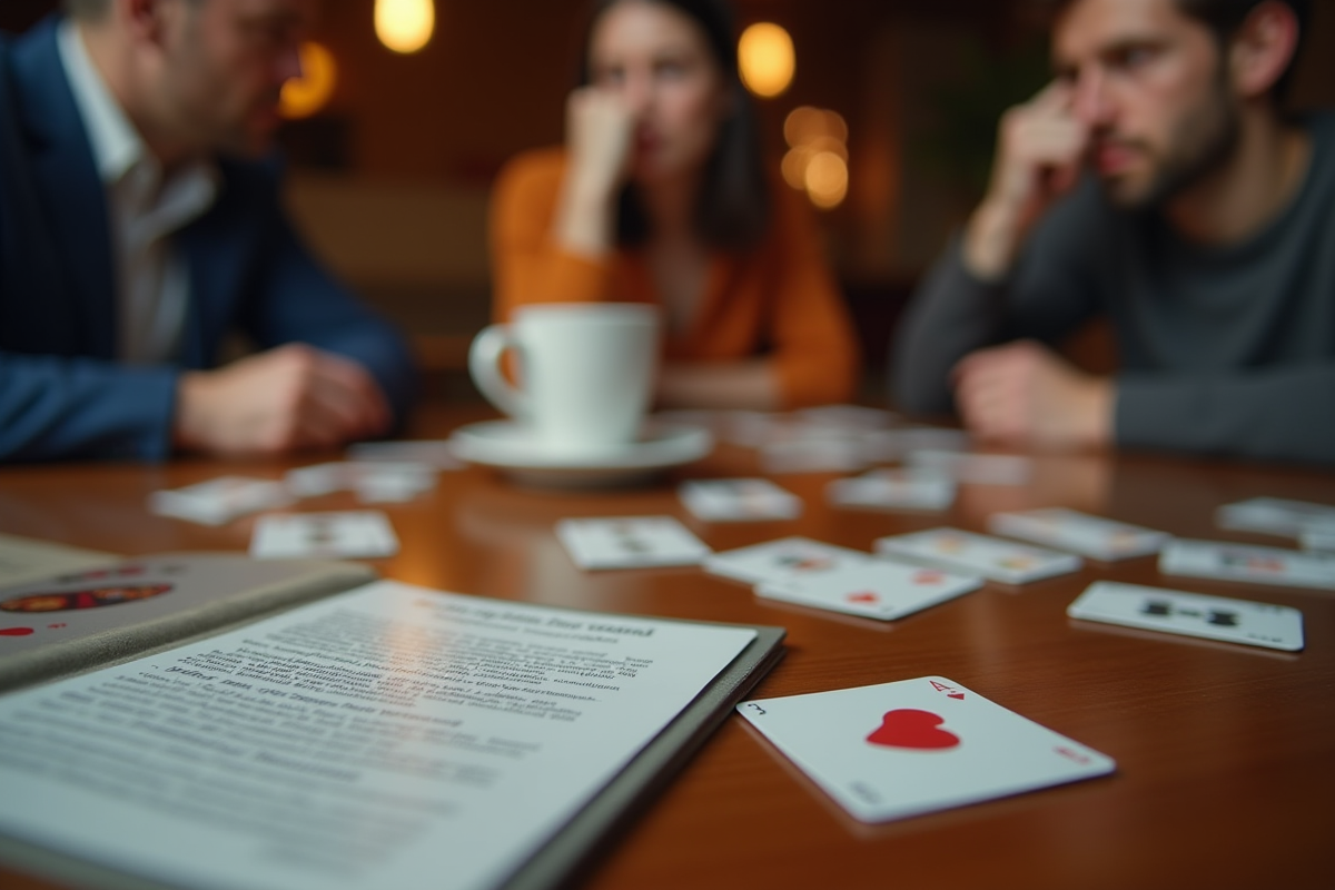 Cartes éparpillées avec règle et tasse renversée lors d