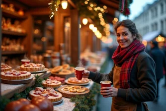 Étal de nourriture au marché de Noël de Lyon avec vin chaud, brioche aux pralines et saucisson sur fond de chalets illuminés