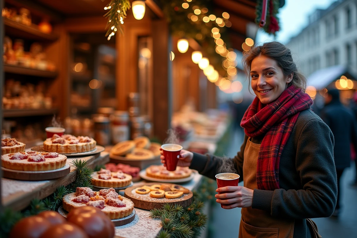 Étal de nourriture au marché de Noël de Lyon avec vin chaud, brioche aux pralines et saucisson sur fond de chalets illuminés