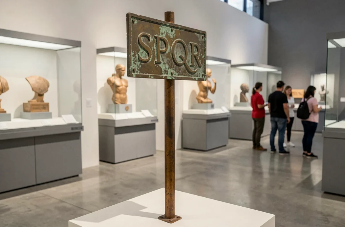 Étendard militaire romain avec inscription SPQR exposé dans un musée archéologique