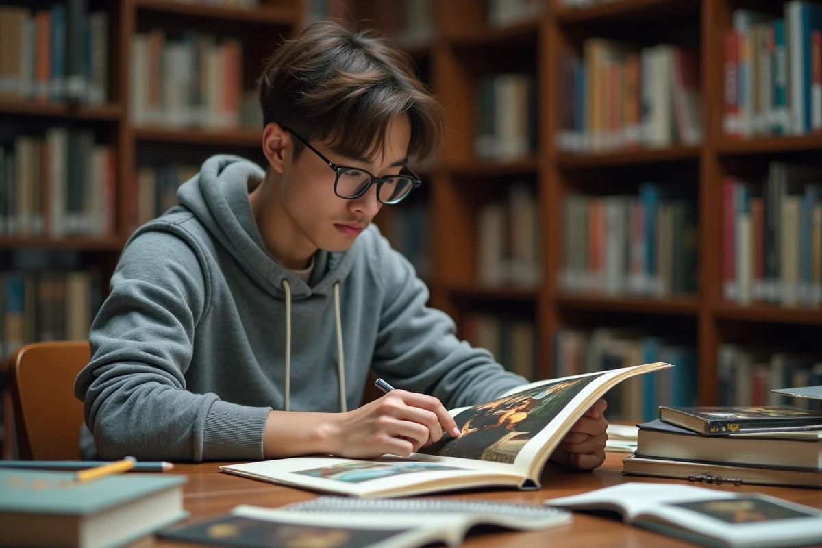Étudiant en art consultant des livres d'histoire sur les peintres célèbres dans une bibliothèque universitaire