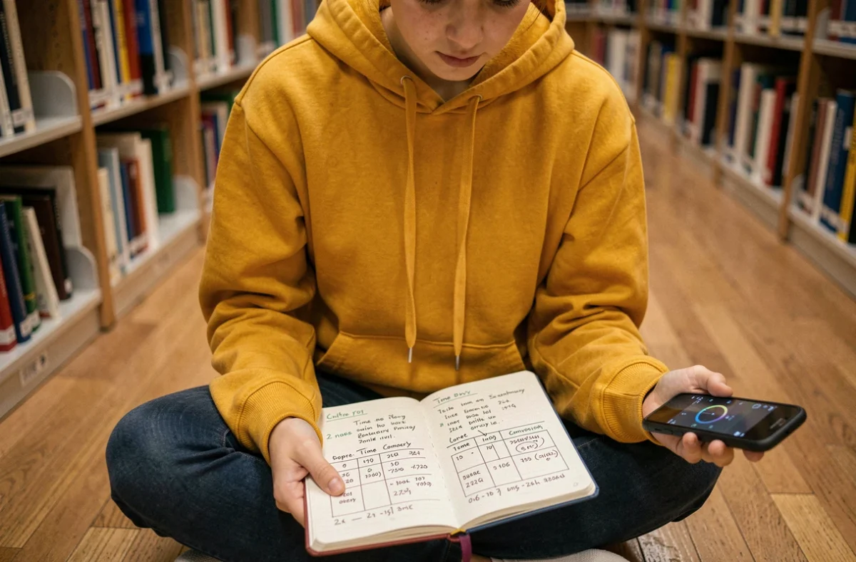 Étudiante assise par terre dans une bibliothèque consultant une application chronomètre pour convertir des minutes en heures