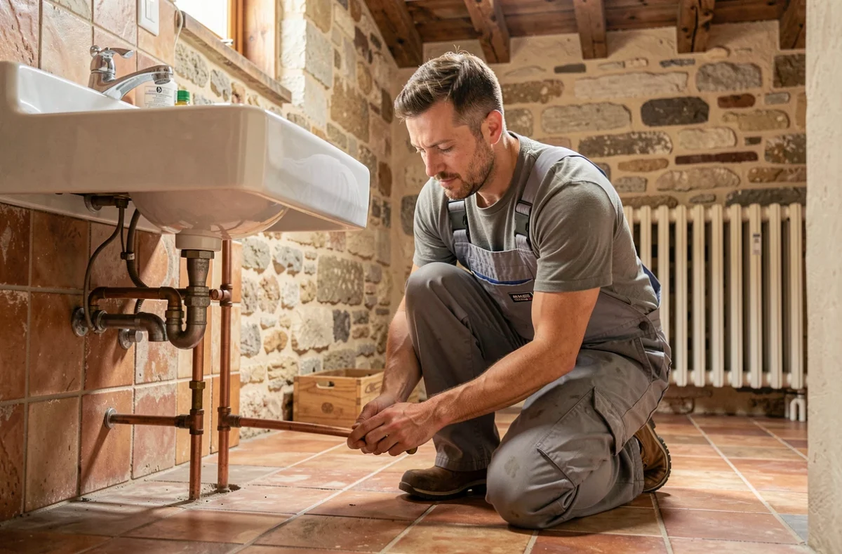 Artisan plombier d'Eurl Lacourt installant des raccords en cuivre sous un évier dans une maison en pierre traditionnelle à Nazelles-Négron