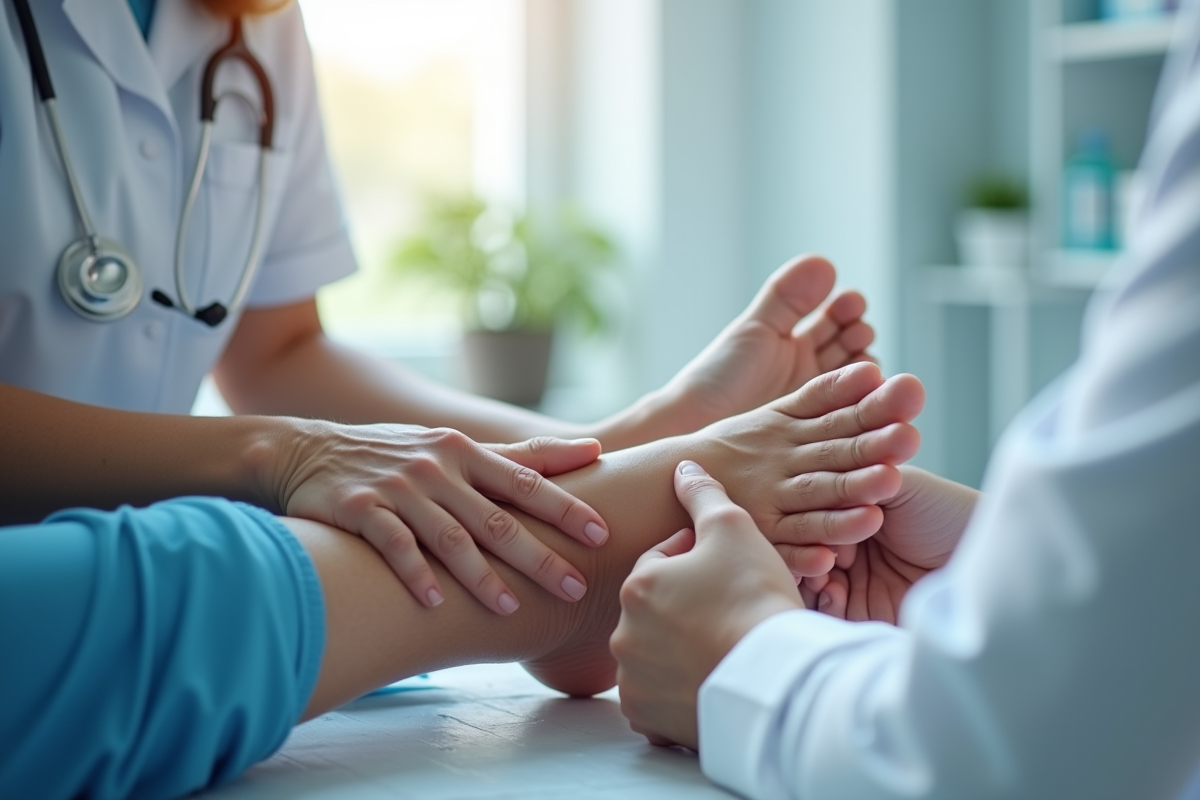 Examen des pieds d'une personne âgée par un professionnel de santé