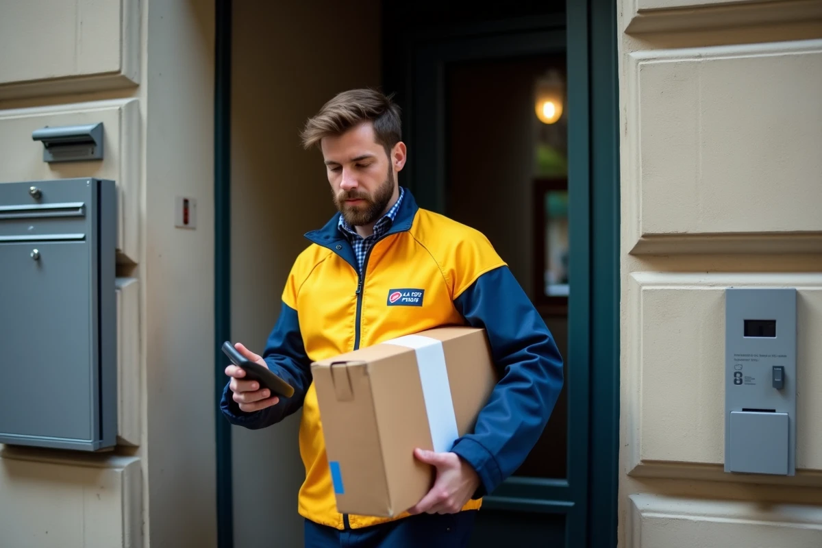 Facteur La Poste devant un immeuble résidentiel avec un colis et un scanner de livraison