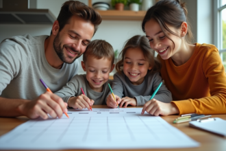Famille souriante autour d'un calendrier en cuisine moderne