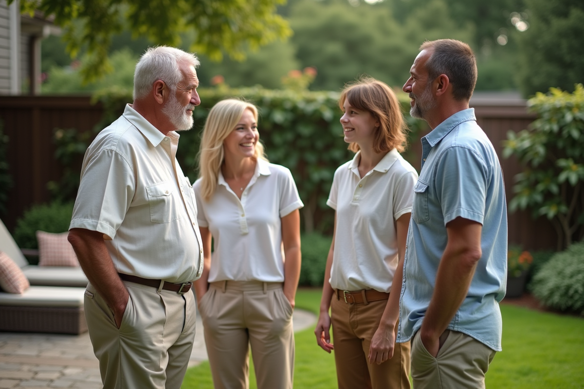Famille dans le jardin en été échangeant des idées