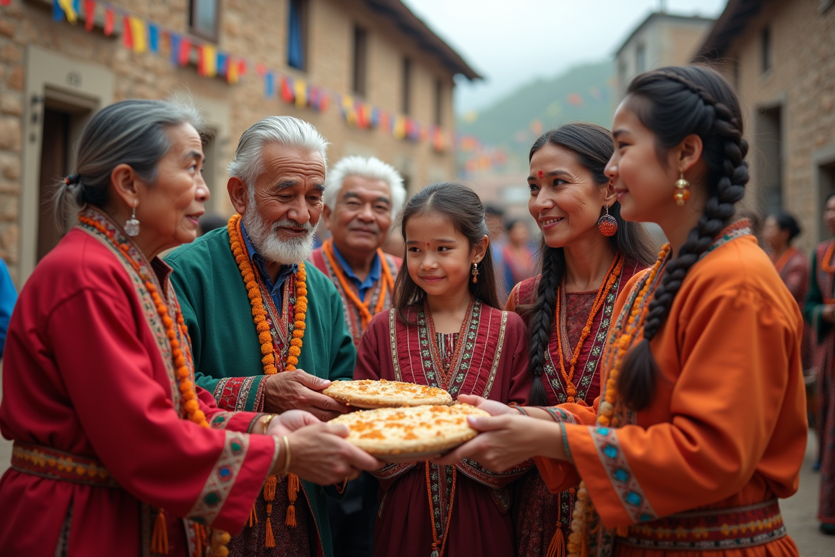 Famille multigeneration partageant un pain lors d