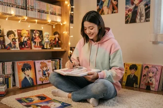 Jeune femme fan d'anime entourée de figurines et de mangas dans sa chambre décorée, dessinant ses personnages husbando préférés