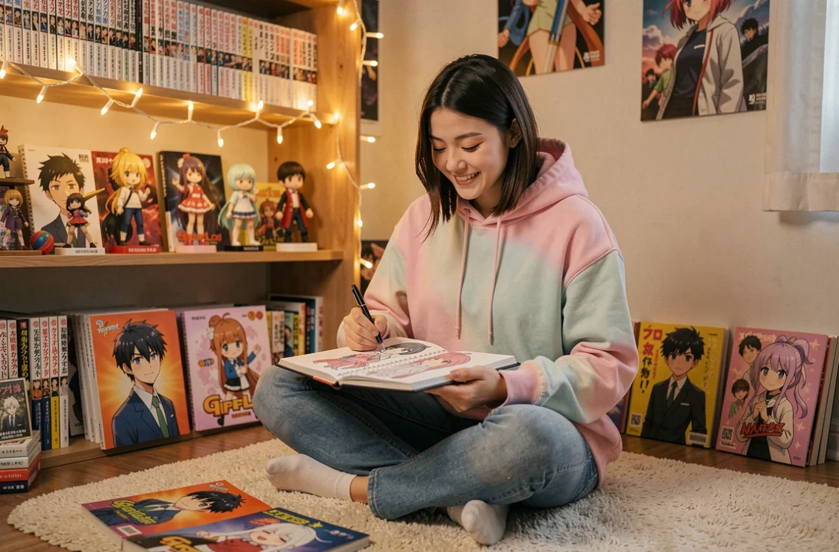 Jeune femme fan d'anime entourée de figurines et de mangas dans sa chambre décorée, dessinant ses personnages husbando préférés