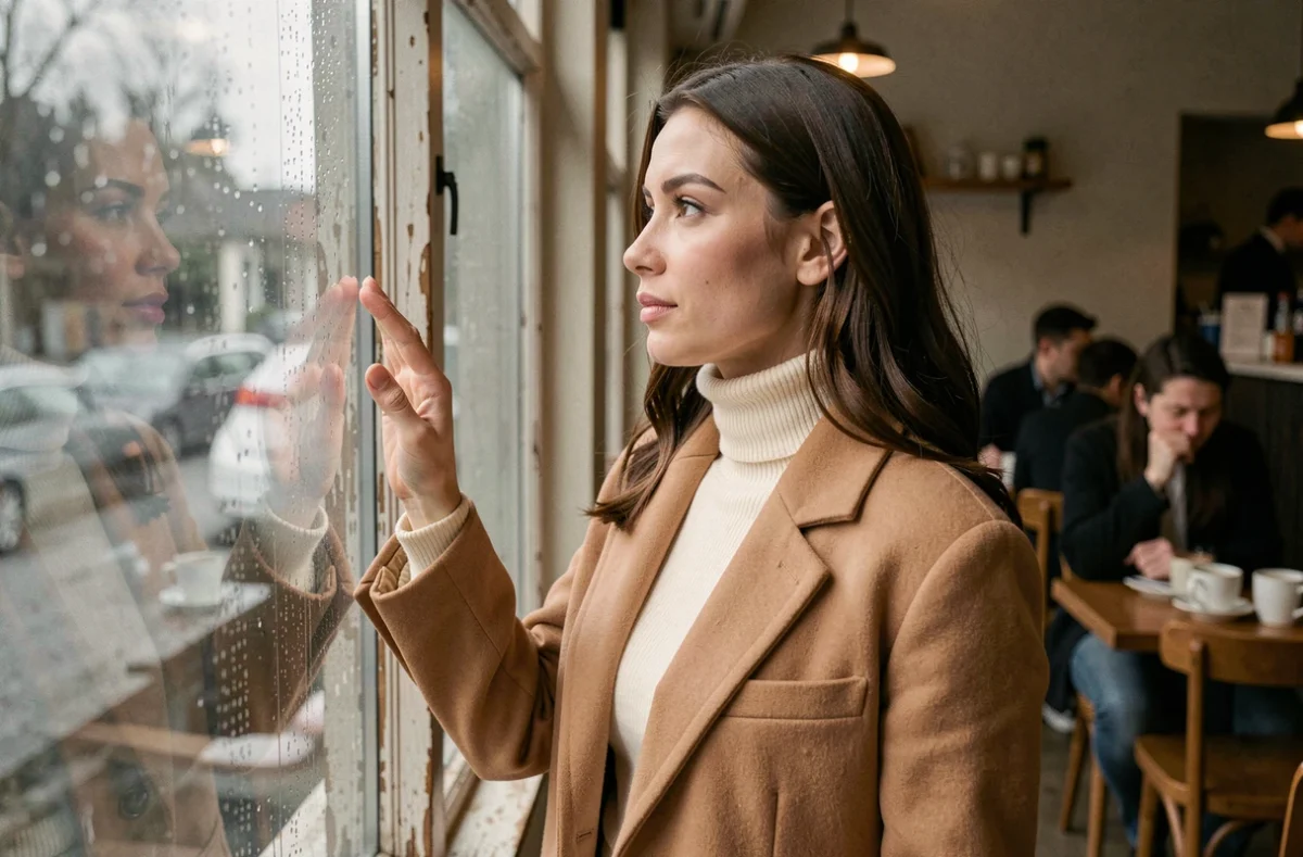 Femme amoureuse transie regardant par la fenêtre d'un café sous la pluie, expression rêveuse et nostalgique