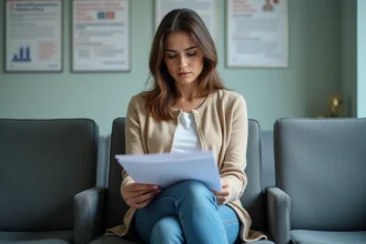 Femme en attente dans un hôpital avec documents médicaux
