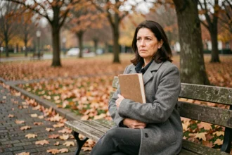 Femme mélancolique assise sur un banc en automne, symbolisant la tristesse et l'espoir dans la solitude apaisée