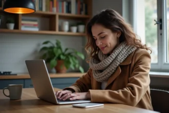 Jeune femme regardant les offres Black Friday sur un ordinateur