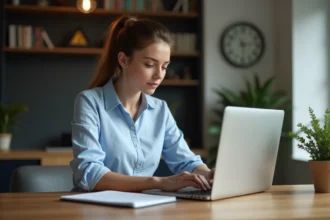 Femme au bureau moderne travaillant sur son ordinateur