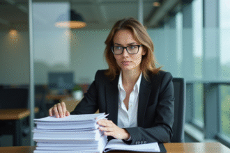 Femme en tenue professionnelle ajustant des dossiers au bureau
