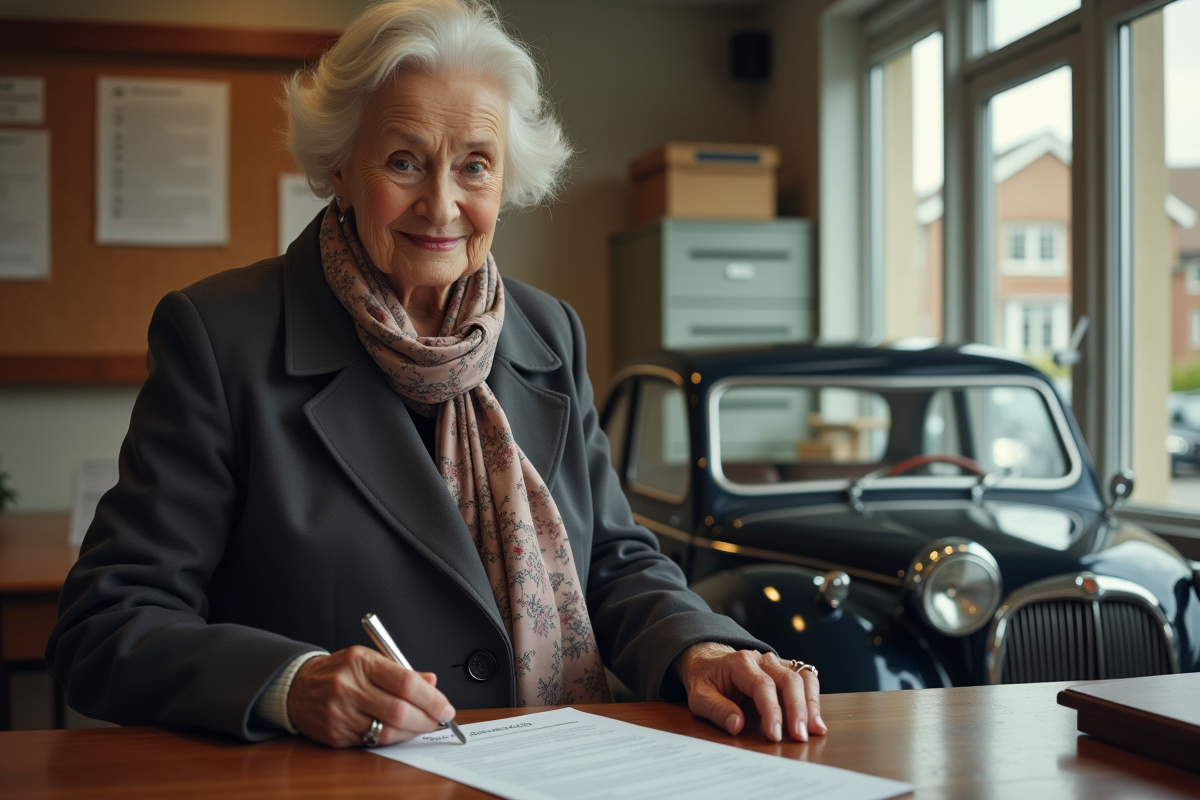 Femme âgée avec clés de voiture devant un bureau administratif