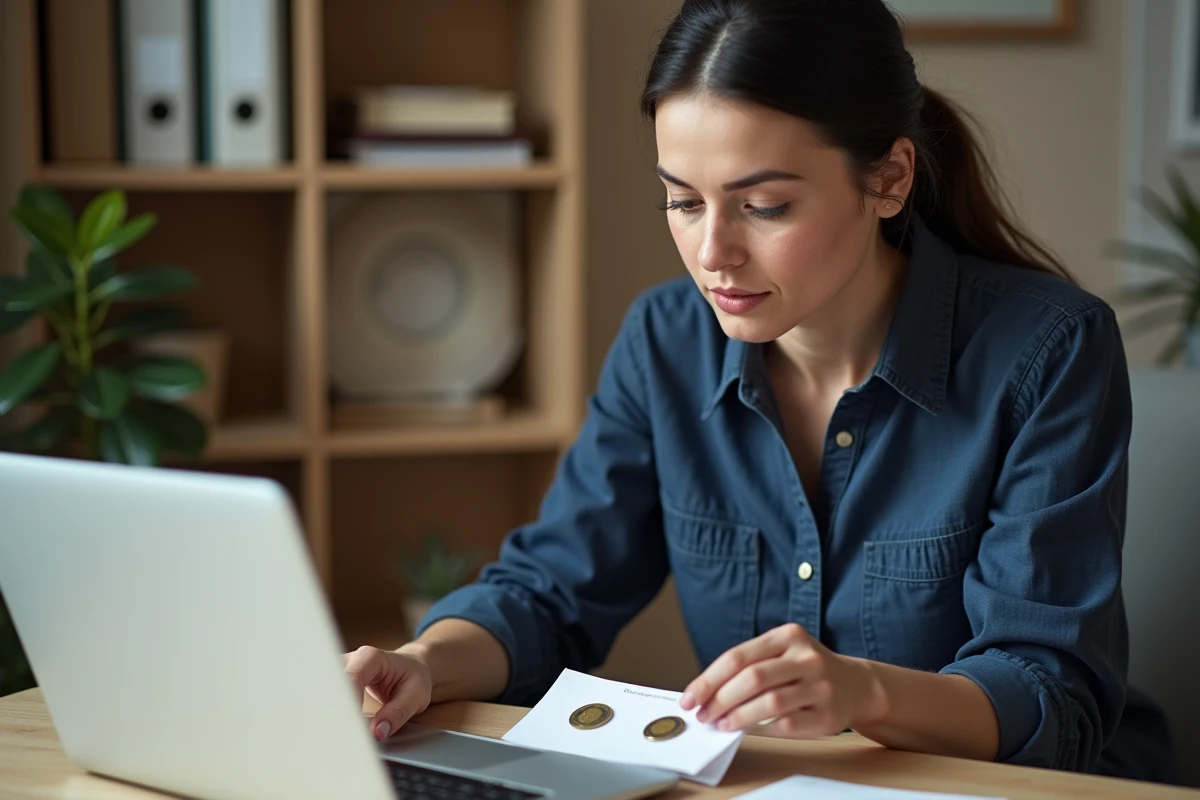 Femme comparant deux pièces de 2 euros rares sur un bureau avec un ordinateur affichant un site de cotation numismatique