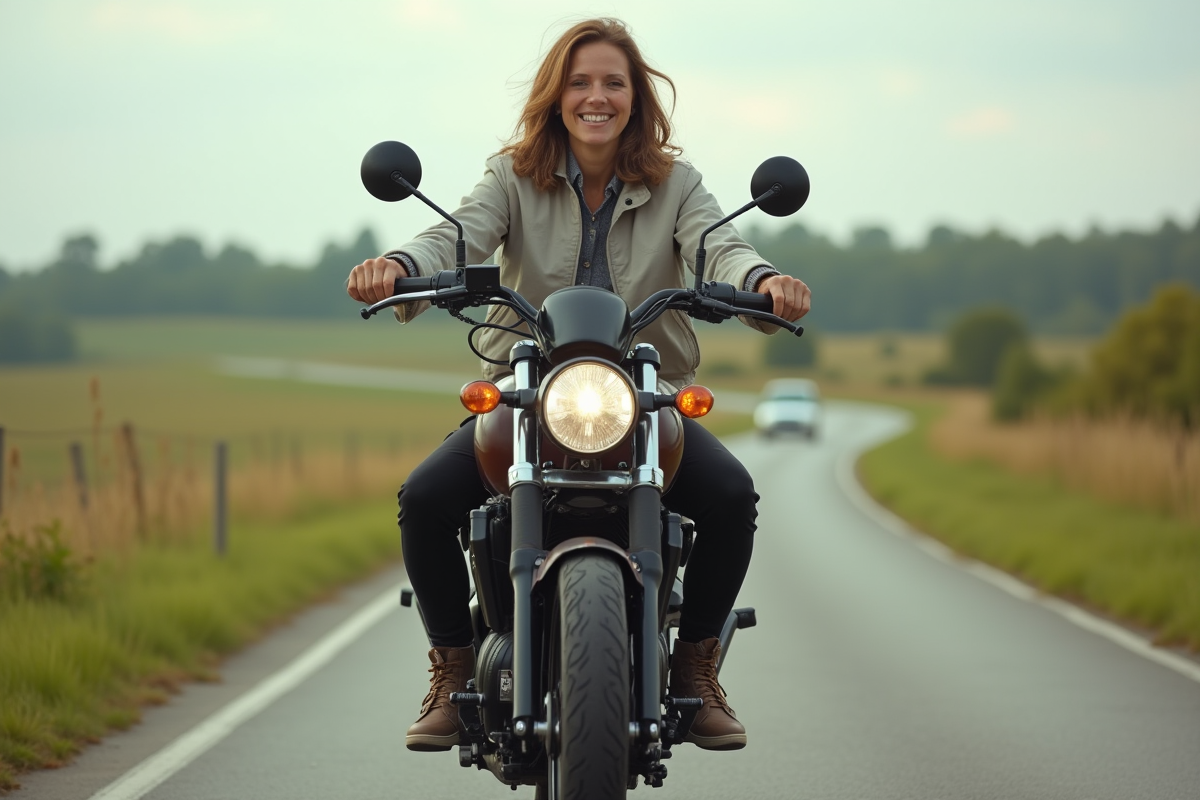 Femme roulant sur sa moto Dax 125 en campagne