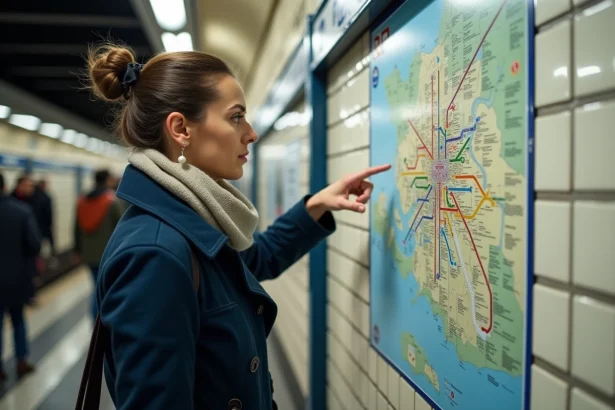 Femme consultant un plan du réseau RER Île-de-France affiché sur le mur d'une station de train parisienne