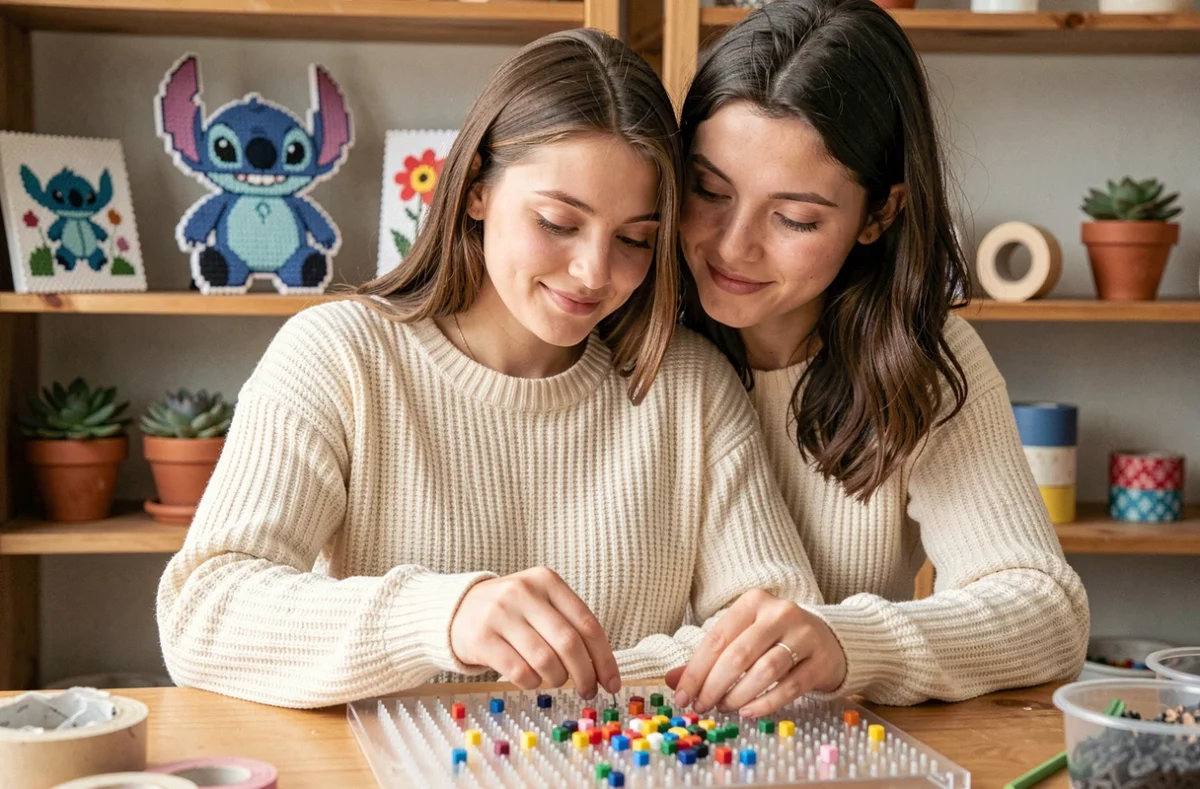 Jeune femme créant des modèles perles à repasser Stitch dans un atelier créatif