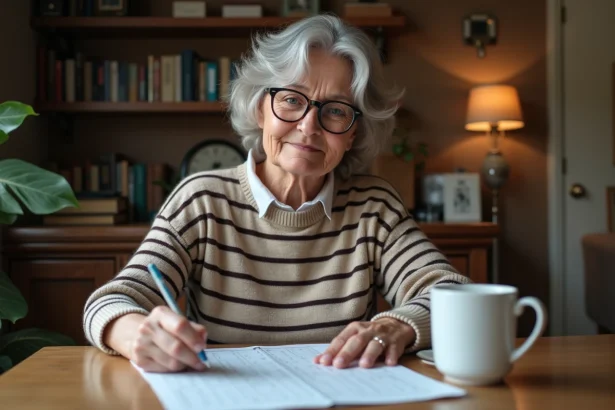 Femme d'âge moyen avec lunettes et pull rayé faisant une grille de mots croisés