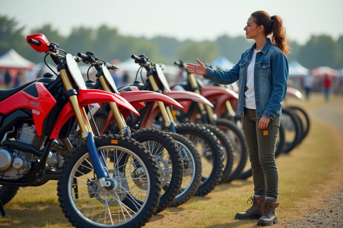 Femme expliquant la différence entre trois motos tout-terrain