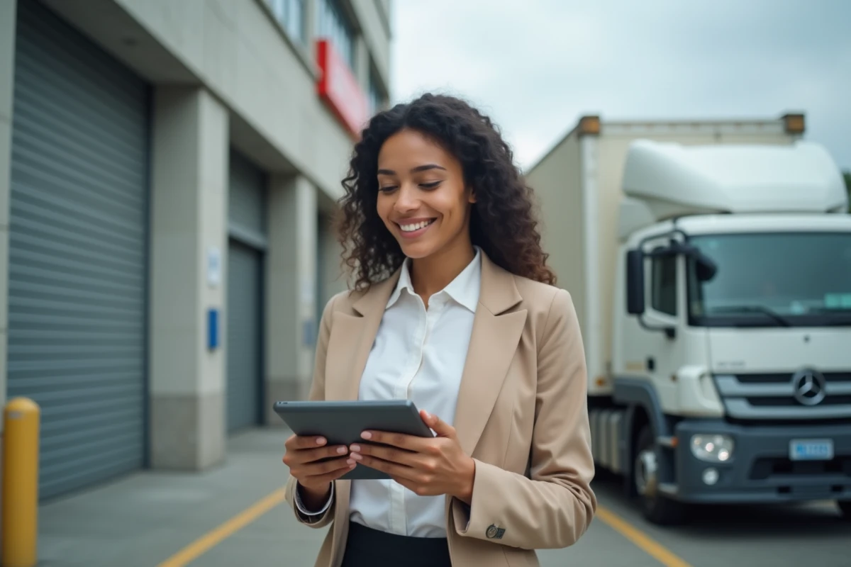 Jeune femme douane vérifie son tablet devant le bâtiment