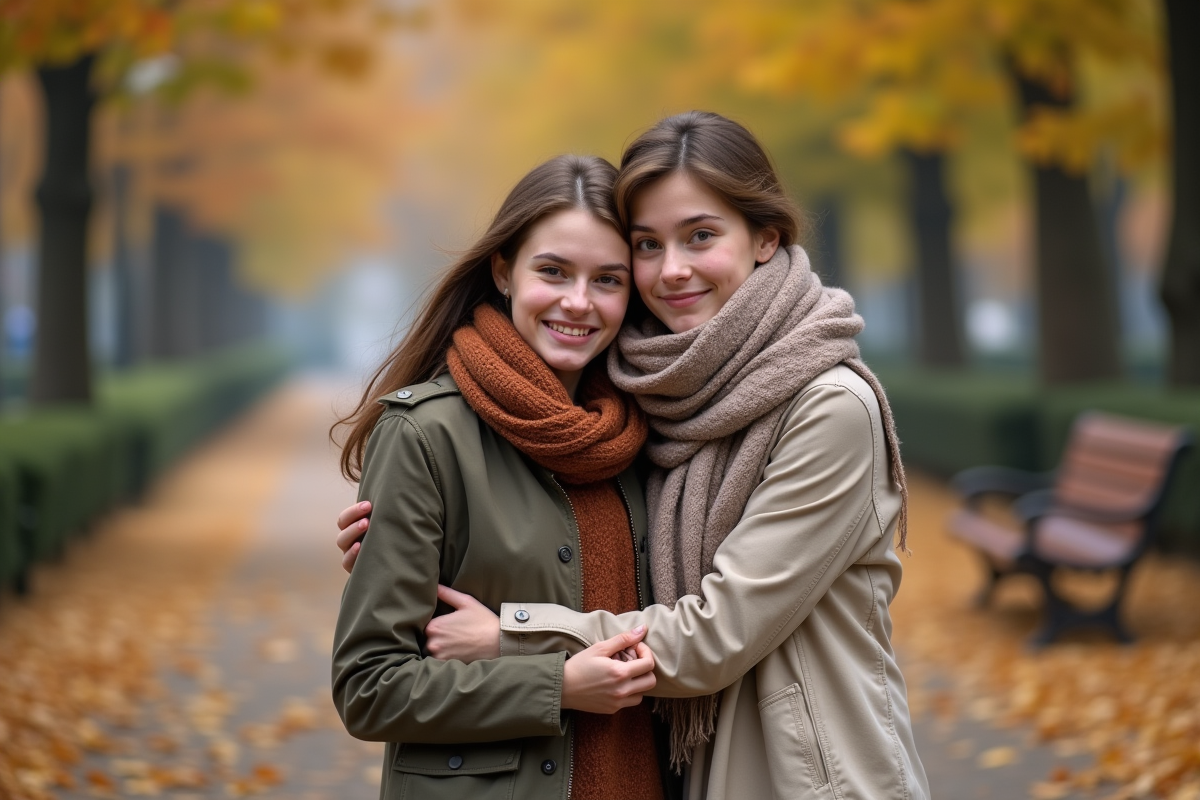 Femme et adolescent dans un parc en automne