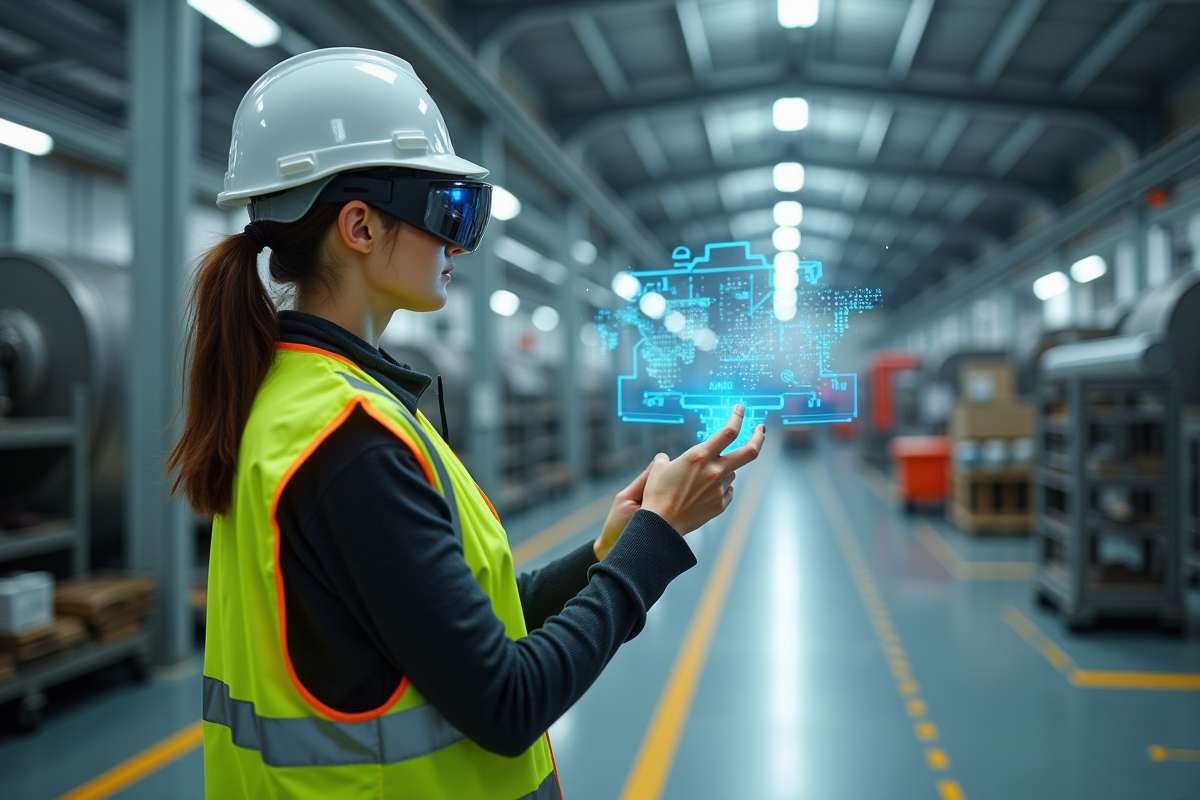 Ingénieure utilisant AR pour analyser une machine en usine