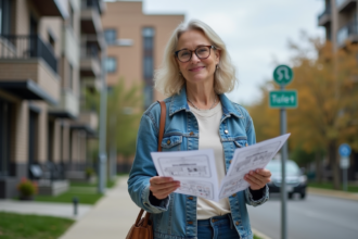 Femme d'âge moyen examinant un plan de zonage en ville