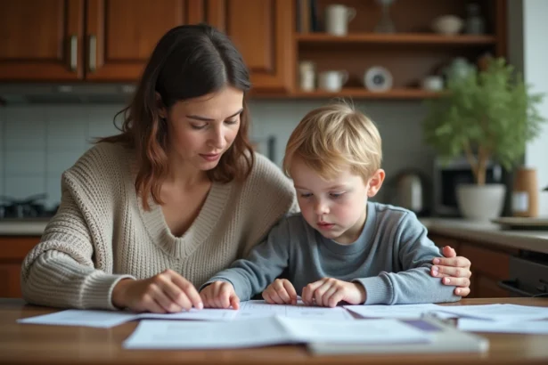 Femme et enfant regardant des factures à la maison