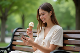 Jeune femme avec glace en plein air dans un parc