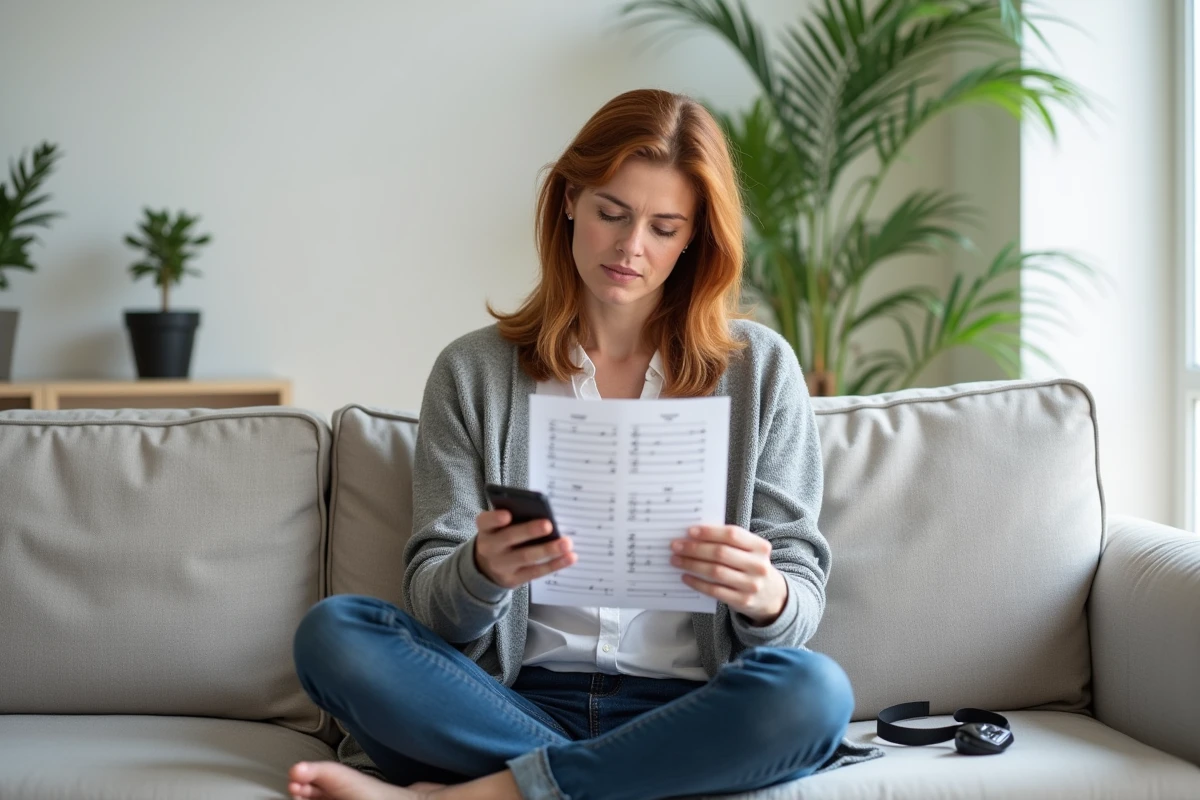 Femme comparant une grille d'accords en PDF imprimée avec son smartphone dans un salon moderne lors d'une session de pratique musicale