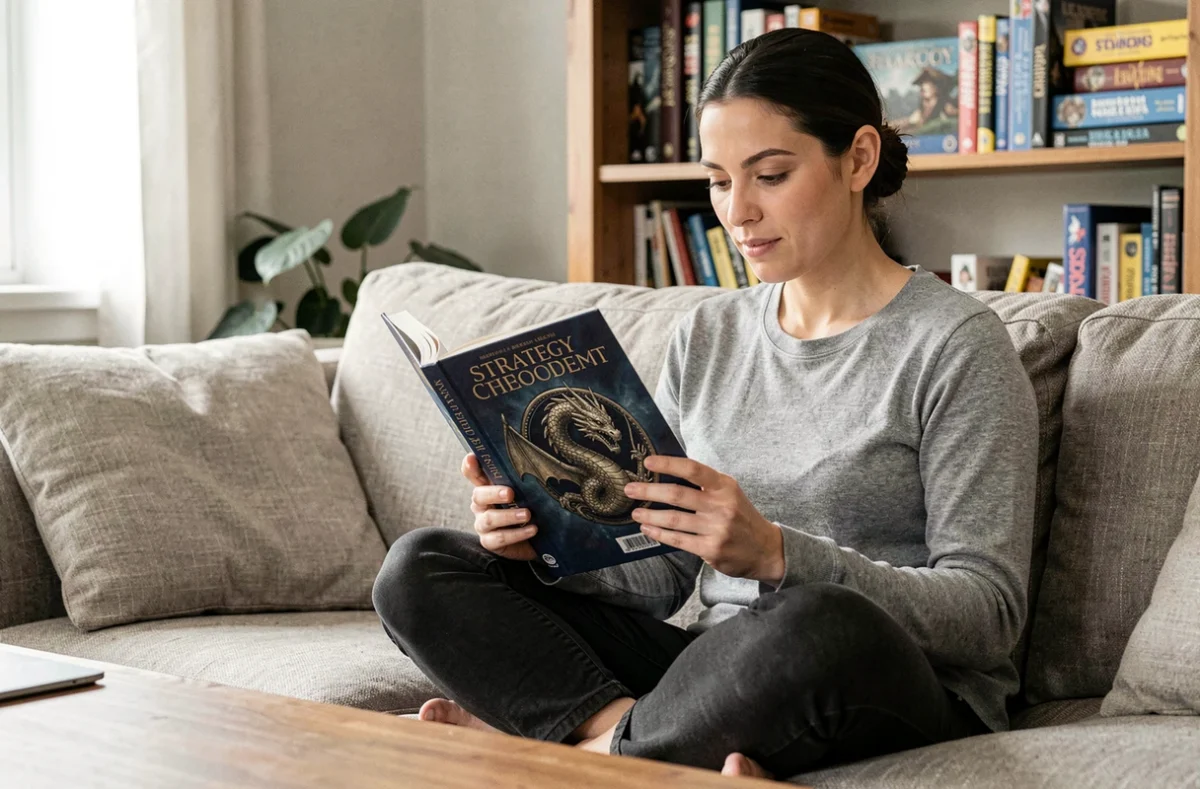 Femme lisant un guide de stratégie sur les types Dragon, assise dans un salon avec des livres de fantasy en arrière-plan