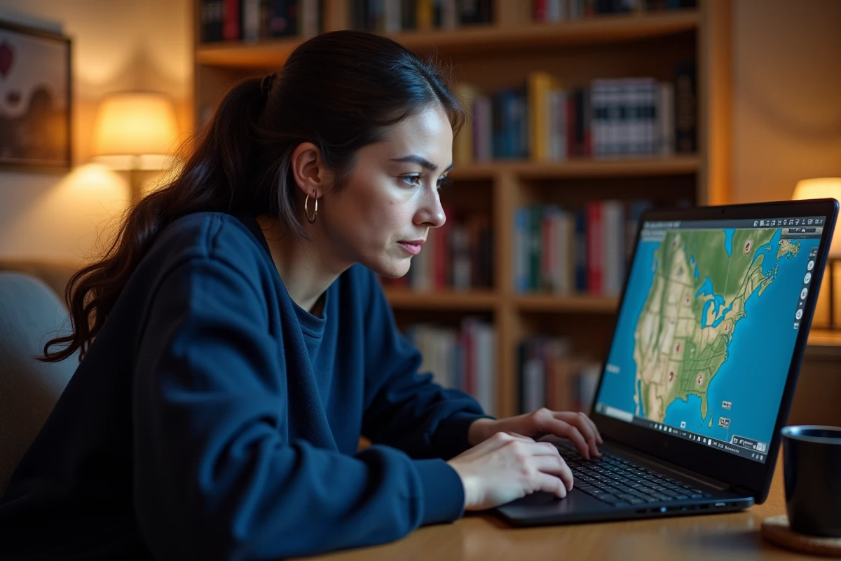 Femme joueuse analysant sa stratégie sur un jeu de guerre en ligne depuis son bureau à domicile