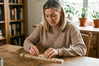 Femme arrangeant des lettres de Scrabble sur une table en bois pour trouver le mot parfait