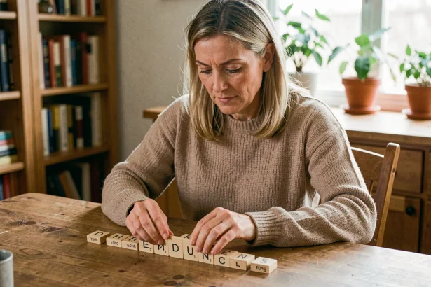 Femme arrangeant des lettres de Scrabble sur une table en bois pour trouver le mot parfait