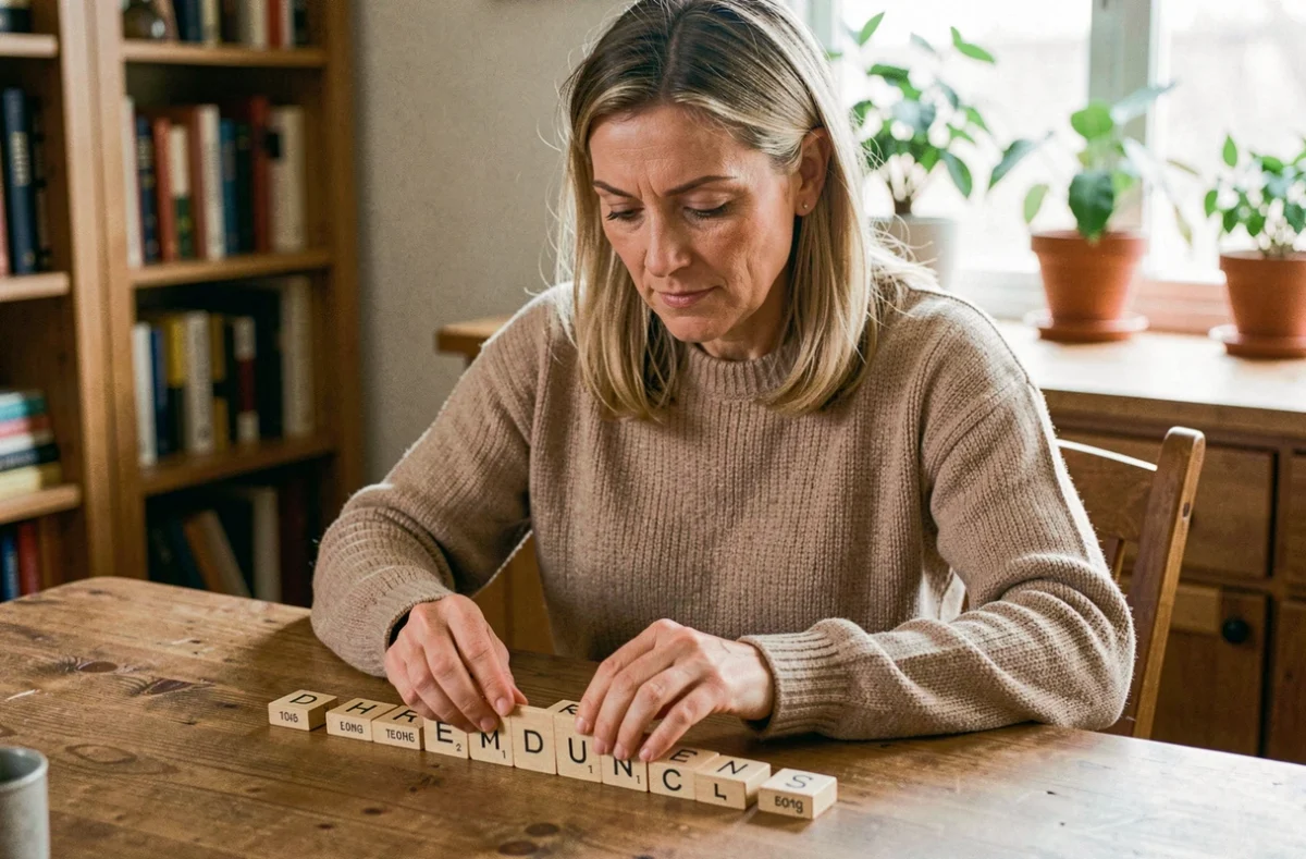 Femme arrangeant des lettres de Scrabble sur une table en bois pour trouver le mot parfait